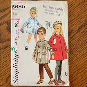Vintage 1960s Simplicity 5685 Sewing Pattern Girl or Boy 5T Winter Coat COMPLETE